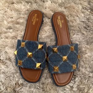Valentino Quilted Denim Slide Mules with Gold Pyramid Studs